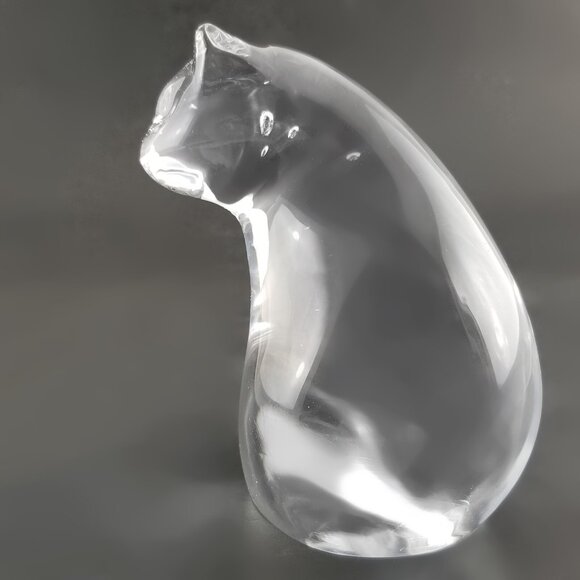 Art Glass Chubby Cat Figurine Clear Crystal Hand Blown Bubbles 3.75"T - Picture 2 of 10